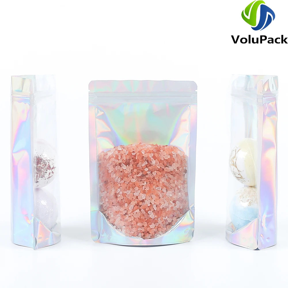 100 PCS Plastic Package Ziplock Bags Clear Front Holographic Silver  Pouches Recyclable Metallic Mylar Storage Bags