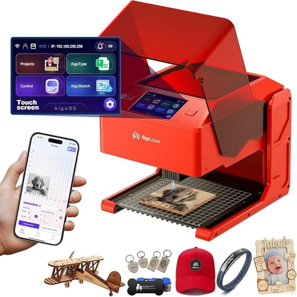 AlgoLaser PIXI Laser Engraver 3W/5W/10W Fully Enclosed Laser Engraving Machine 3.5 Inch Touch Screen Portable DIY Wood Leather Acrylic Cutter Commercial Custom Art Marking Tool
