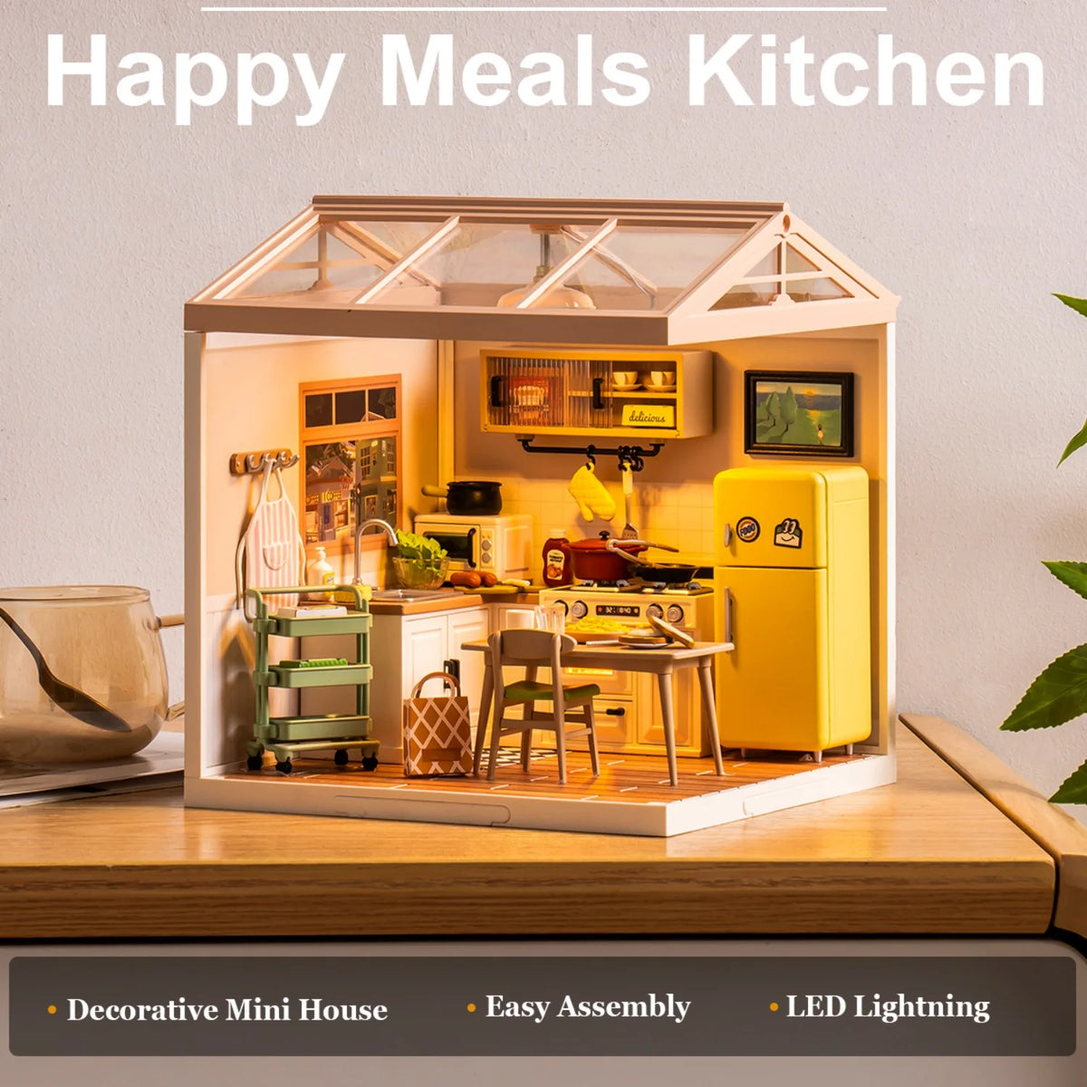 Rolife DIY Miniature House Kit Happy Meals Kitchen Super Creator Dollhouse 3D Puzzle Model Building Kit with LED for Desk Decor