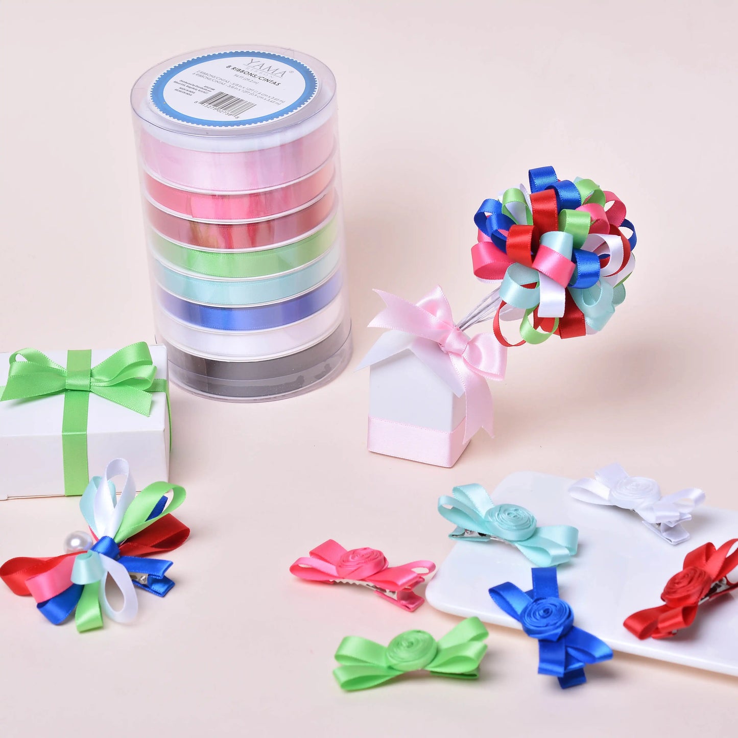 Yama Ribbon, Rainbow Colors Ribbon Tower, 8 Unique Single Face Satin Ribbons, 96 Feet