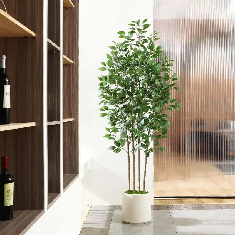 Ficus Artificial Tree  Silk Plant 5 ft Fake White Imitation Ceramic Planter with Green