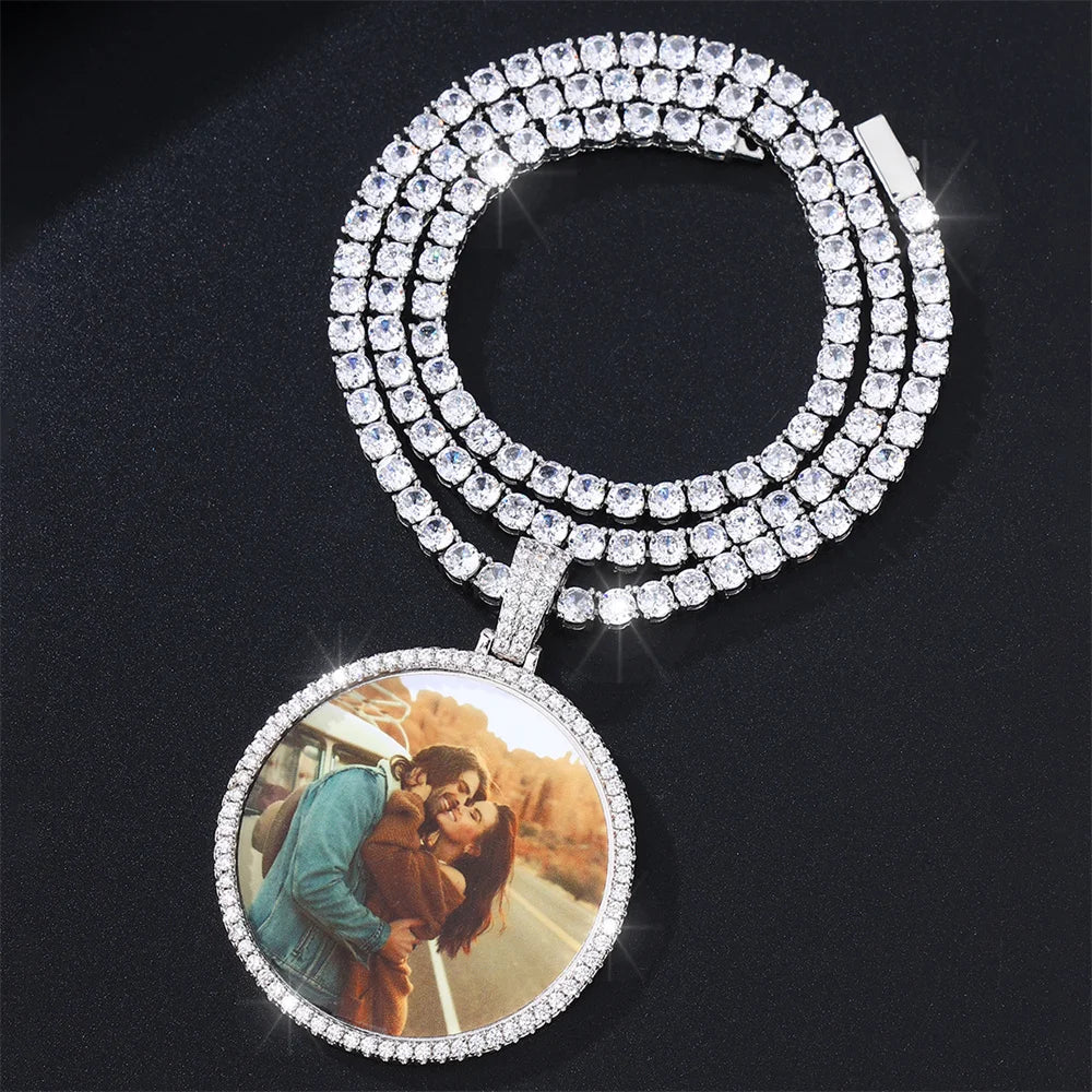 Hip Hop Custom Made Photo Iced Out Bling Cubic Zircon Round Necklace & Pendant For Men Jewelry With Tennis Chain