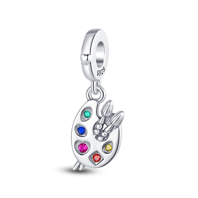 925 Sterling Silver Artist Brush Tools Color Palette Oil Painting Charms Beads Fit Original Bracelets DIY Jewelry Gifts