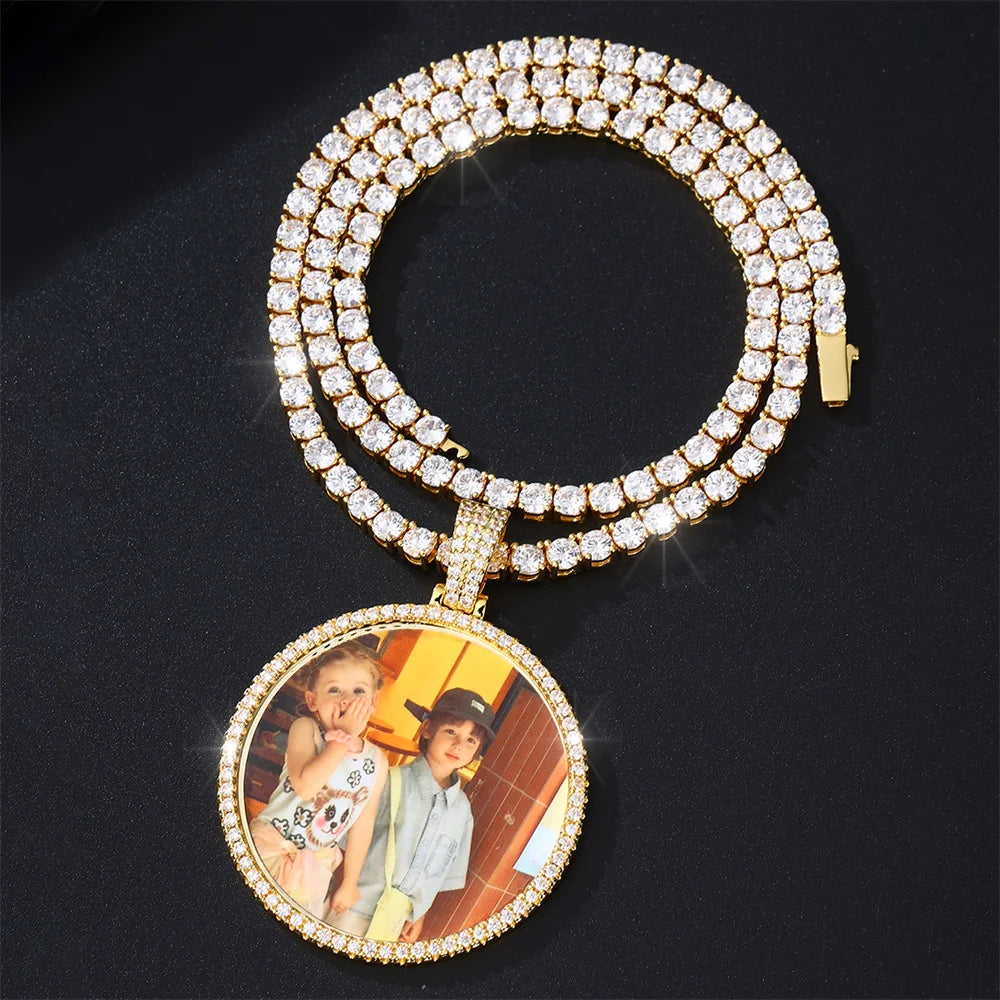 Hip Hop Custom Made Photo Iced Out Bling Cubic Zircon Round Necklace & Pendant For Men Jewelry With Tennis Chain