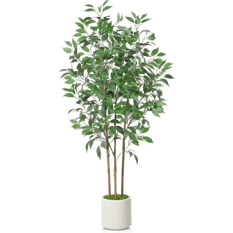 Ficus Artificial Tree  Silk Plant 5 ft Fake White Imitation Ceramic Planter with Green