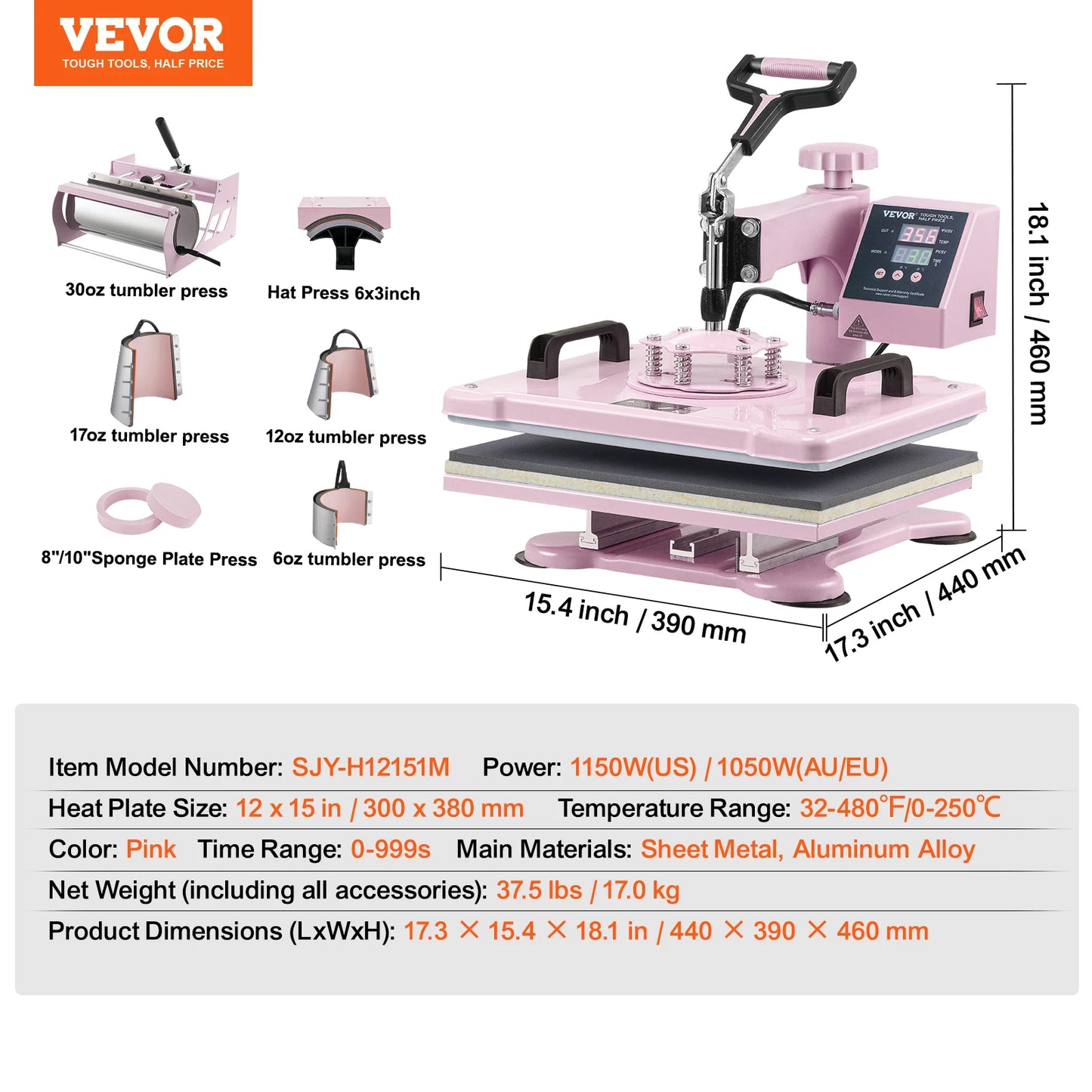 VEVOR Heat Press Machine  T-Shirts/Mugs/Hats/Plates Pink
