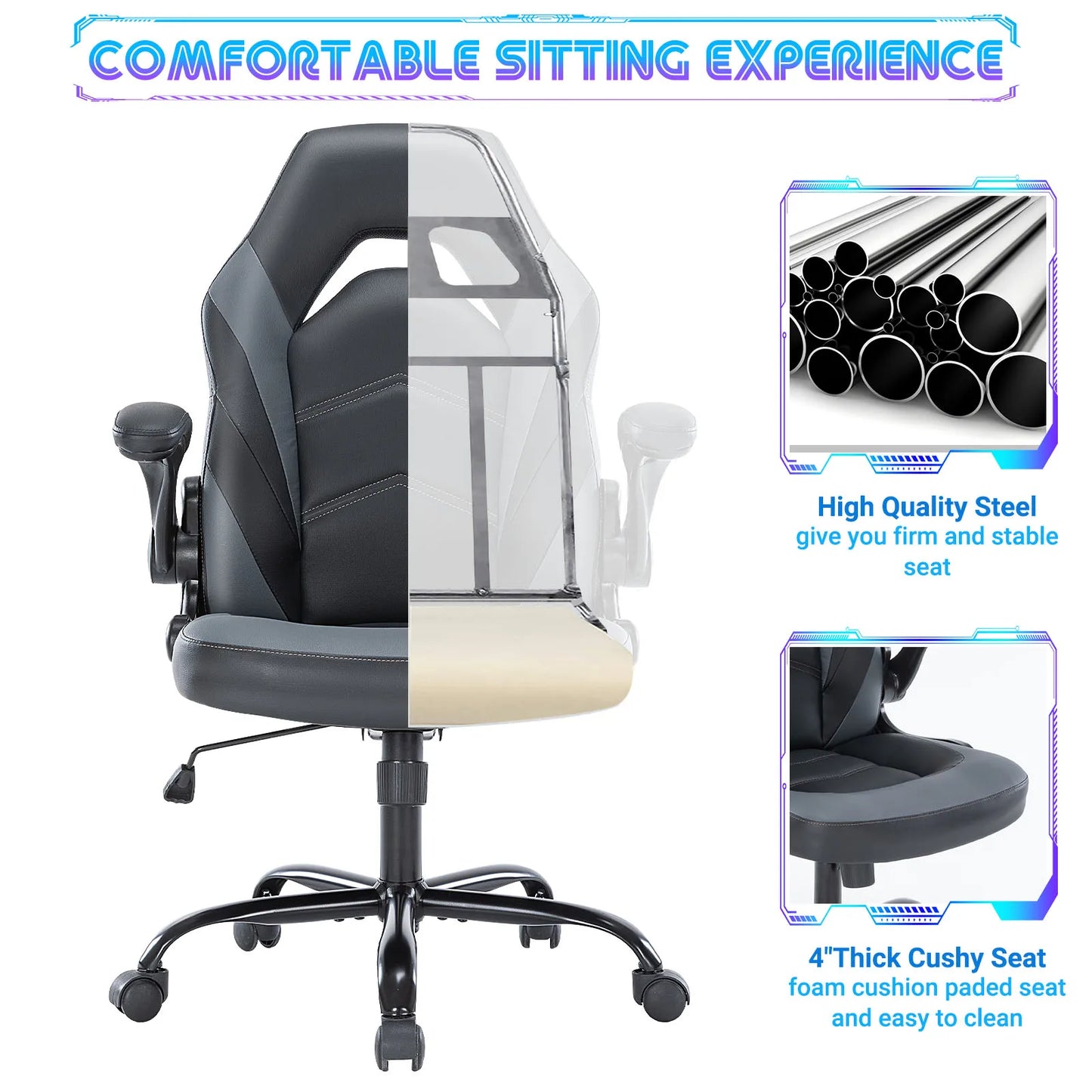 JHK Ergonomic Office Computer Chair Adjustable PU Leather Racing Chair Flip-up Armrest
