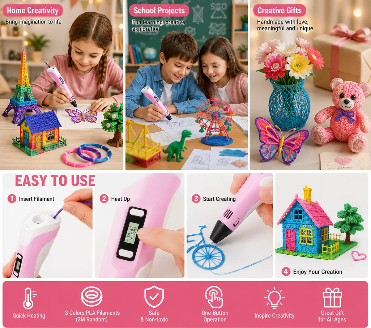 3D Printer Pen Kits LED Screen PLA Filament 3D Drawing Tool Kids Art Craft Set 3D Doodler Pen with Refill Material Creative Educational Toy for Boys Girls DIY Projects Birthday Gift School Home Craft Supplies Easy Use Starter