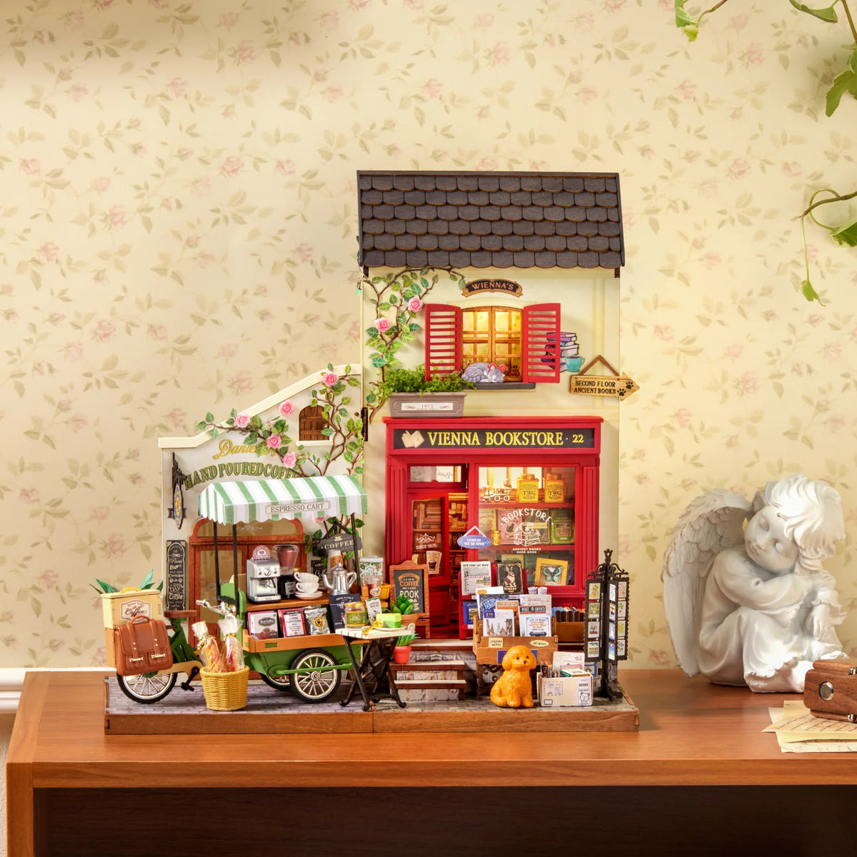 Rolife Wooden 3D Puzzle DIY Miniature House Kit Vienna Bookstore & Aromatic Coffee Cart Model Building Kit with LED Light for Home Decor Gift for Adults Teens