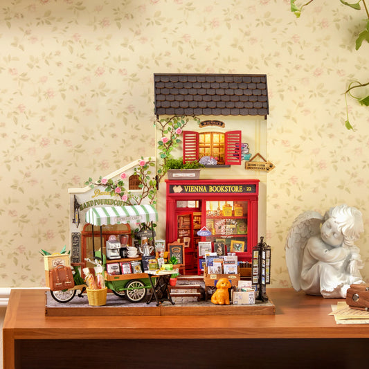 Rolife Wooden 3D Puzzle DIY Miniature House Kit Vienna Bookstore & Aromatic Coffee Cart Model Building Kit with LED Light for Home Decor Gift for Adults Teens