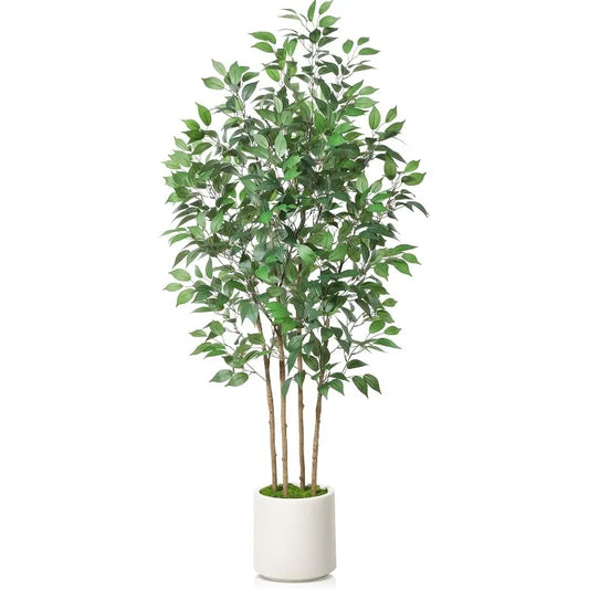 Ficus Artificial Tree  Silk Plant 5 ft Fake White Imitation Ceramic Planter with Green