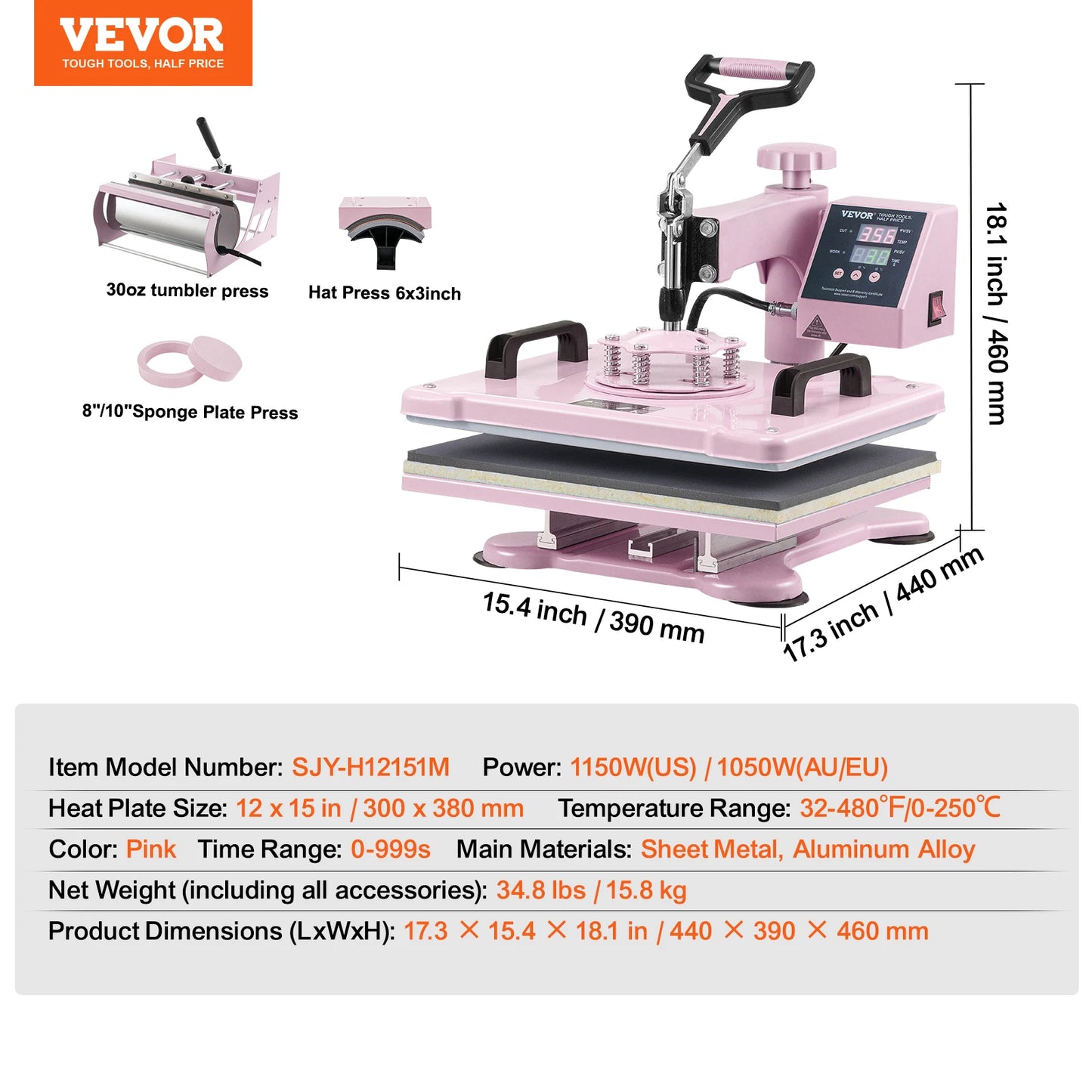 VEVOR Heat Press Machine  T-Shirts/Mugs/Hats/Plates Pink