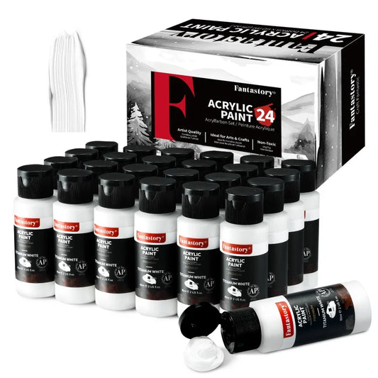 Fantastory 24x2oz White Acrylic Paint Set, Rich & Pure White Paint for Canvas, Glass, Paper, Stone, Craft Supplies, Holiday Gift