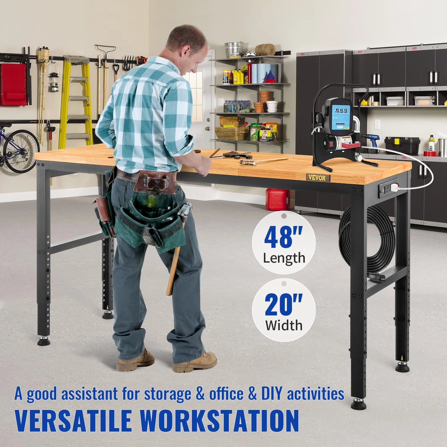 SucceBuy 72cm  Workbench Adjustable Height Oak Wood Hardwood Top Work Table 900KG Capacity for Office Home Workshop
