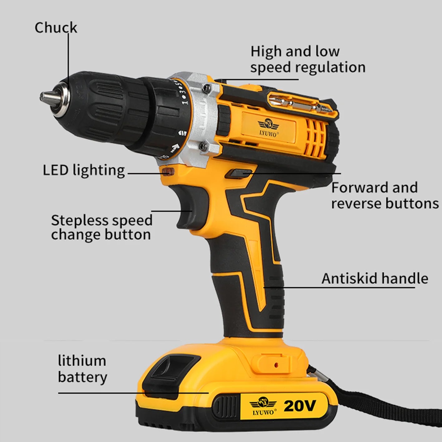 LYUWO 20V 0.8-10mm Cordless Drill Lithium Battery Rechargeable Multifunctional Drill, Dual Speed Power Tool With Two Drill Bits