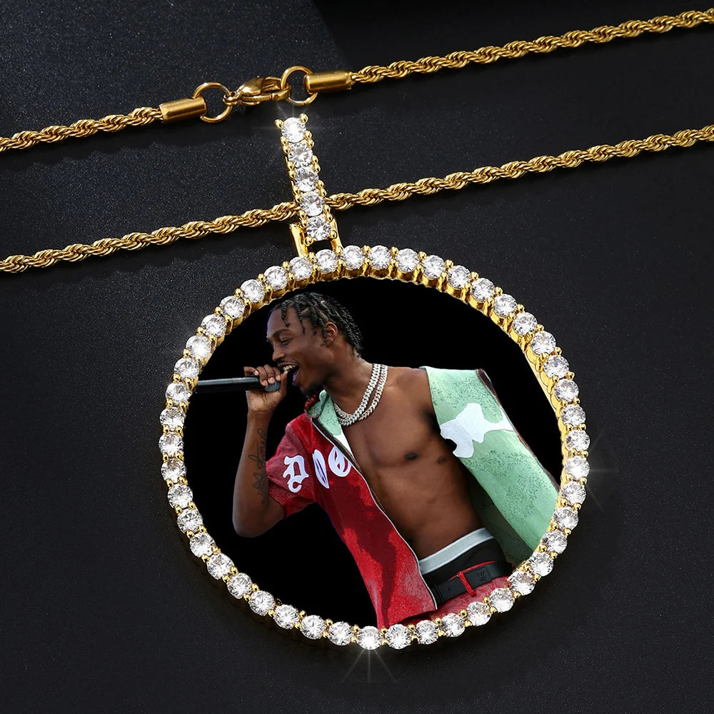 Hip Hop Custom Made Photo Iced Out Bling Cubic Zircon Round Necklace & Pendant For Men Jewelry With Tennis Chain