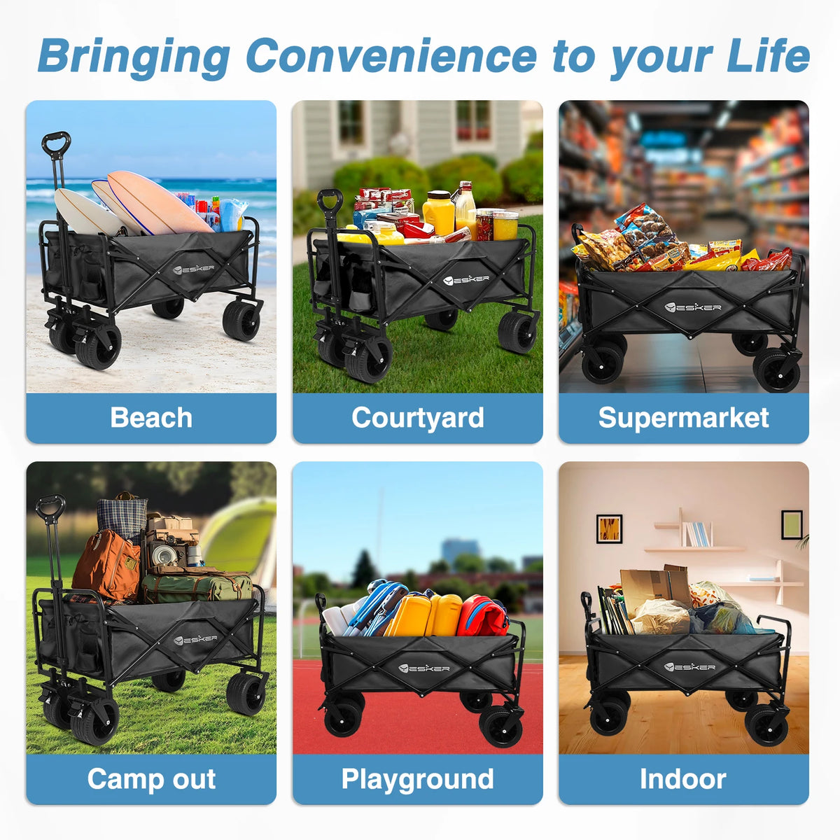 Portable Folding Outdoor Food Truck Collapsible Wagon Cart, 360° All-Terrain Wheels Drink Holders Large Capacity  For Camping