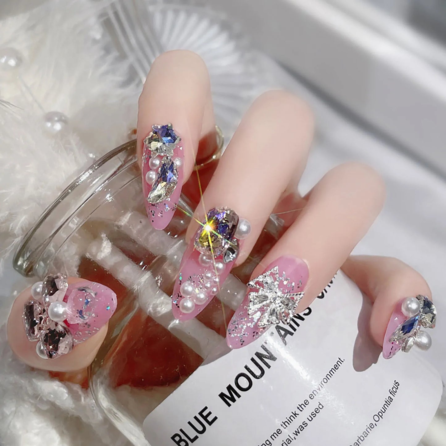 Purple Almond False Nail White Bowknot Shiny Rhinestones Artificial Nail For Salon Expert And Women Diy Fashion Nail Art