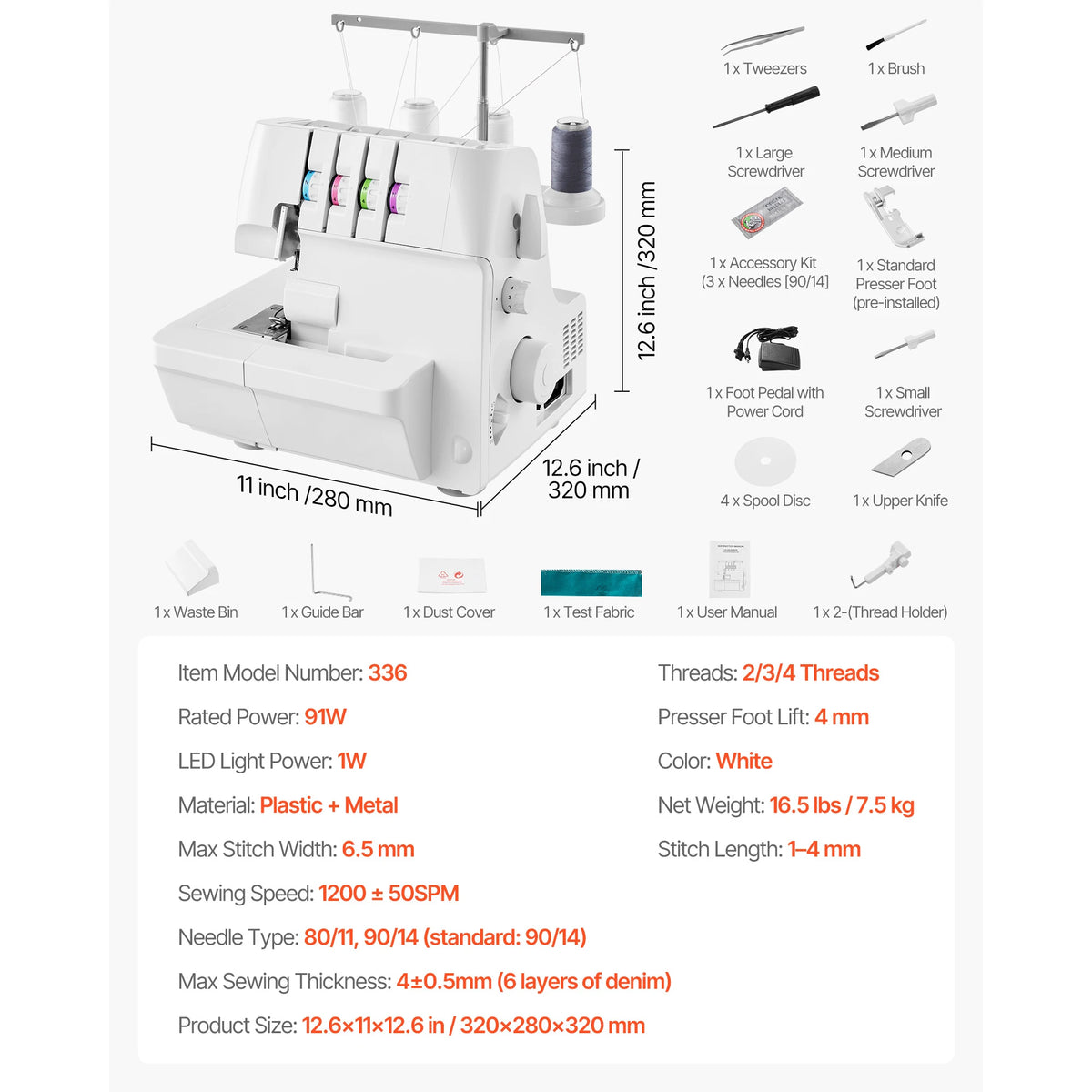 SucceBuy Serger Overlock Sewing Machine 1250 Stitches Per Minute 2-3-4 Thread Capability 0.7-2 Adjustable Differential Feed