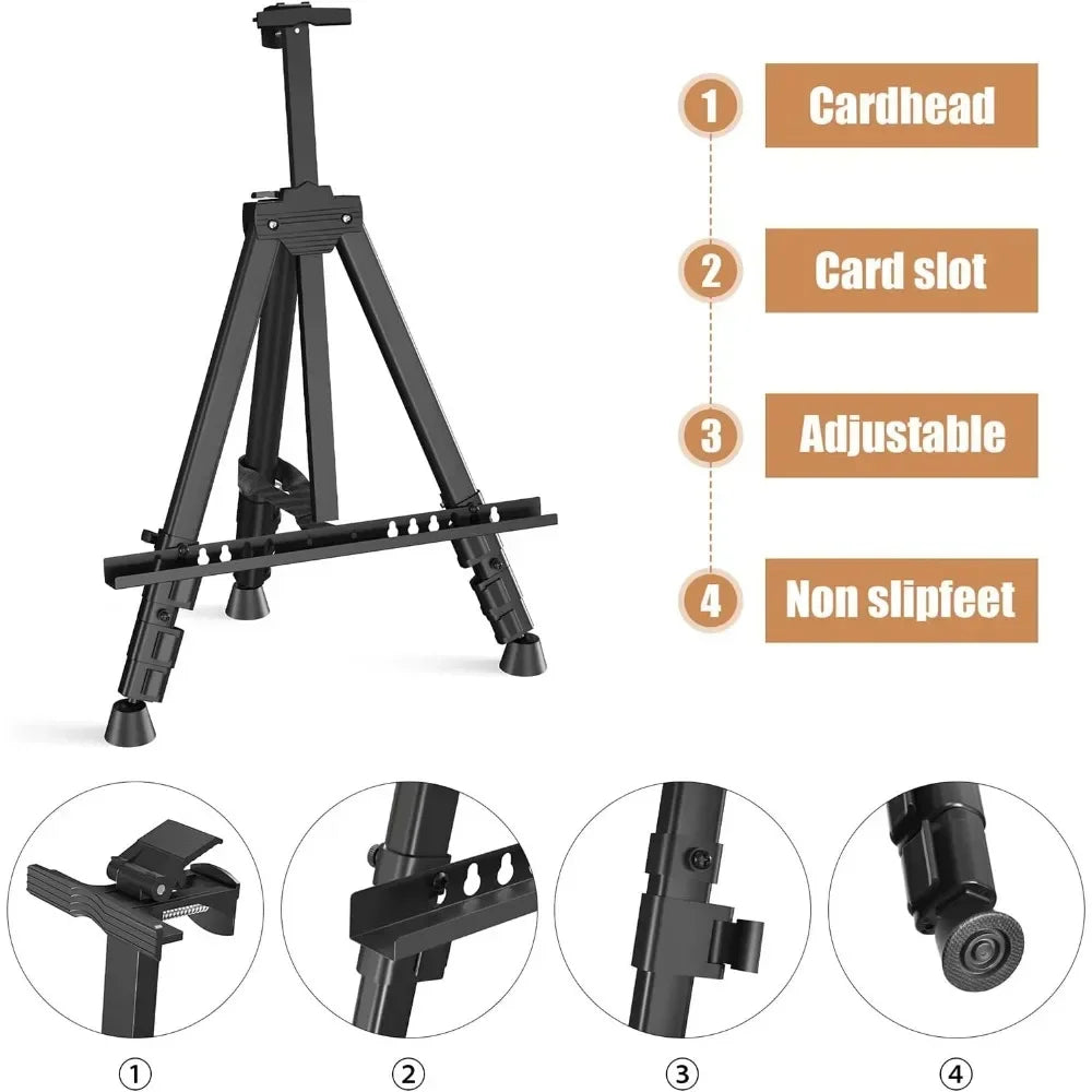 Portable adjustable aluminum metal tripod display easels ranging in height from 17 to 66 inches for tabletop/floor painting