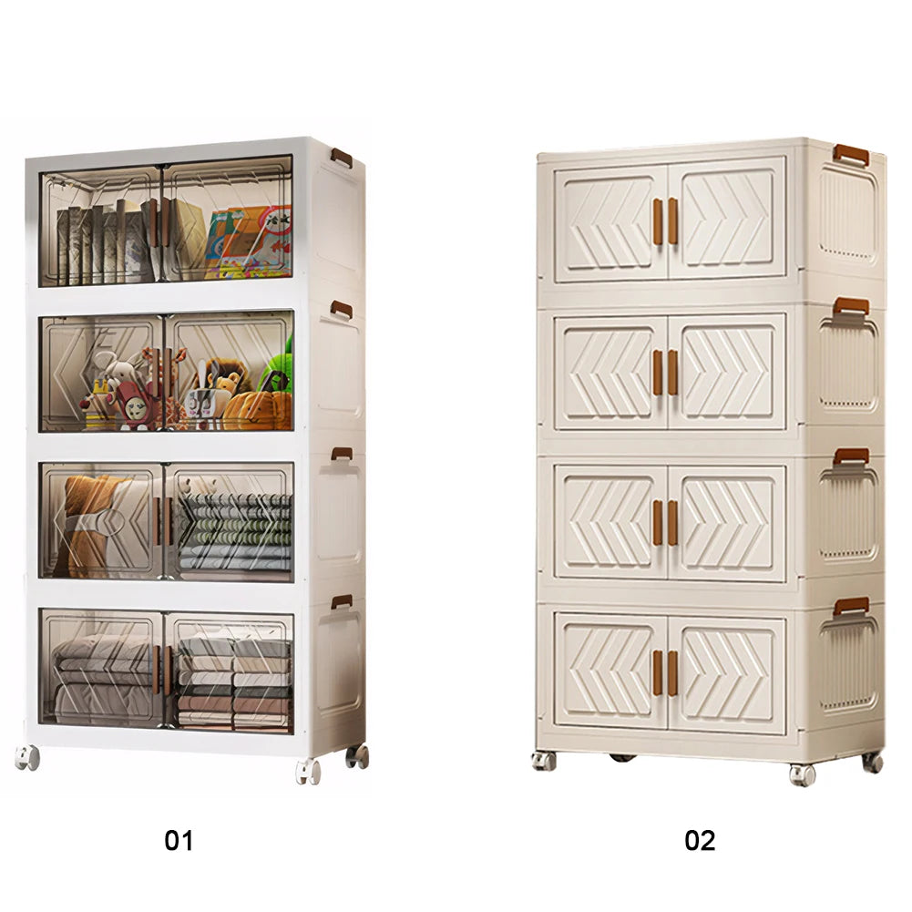 4 Tier Stackable Storage Bins with Lids with Doors & Wheels Foldable Organization Storage Drawer