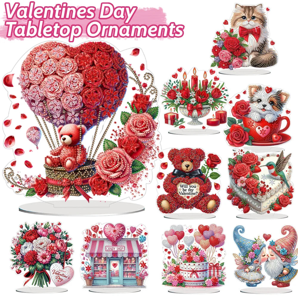 5D DIY Romantic Valentines Day Diamond Tabletop Decor Cat Rose Dog Rose Small Flower Bed Rose Hot Air Balloon Tabletop Decor