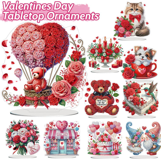 5D DIY Romantic Valentines Day Diamond Tabletop Decor Cat Rose Dog Rose Small Flower Bed Rose Hot Air Balloon Tabletop Decor