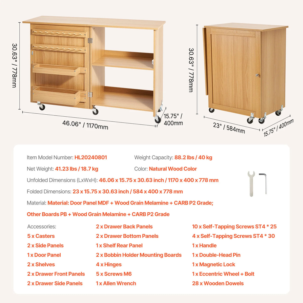 SucceBuy Multipurpose Folding Sewing Machine Table w/ Compact Design Wheels Shelves Storage Trays Wooden Pegs and Magnetic Doors