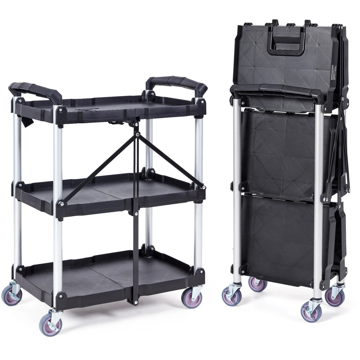 SucceBuy   3 Tier Folding Rolling Utility Cart Storage Shelf Movable Gap Rack Serving Cart Slide Organizer for Kitchen Bathroom