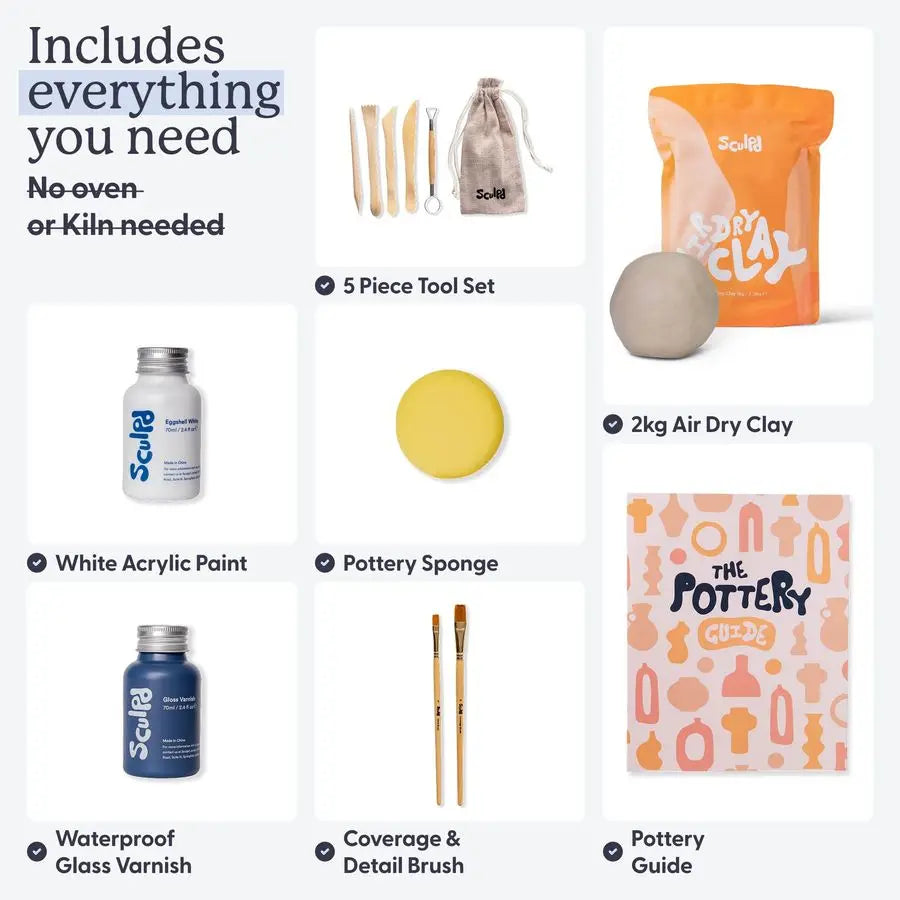 The Original Pottery Kit Complete Air Dry Clay Kit for Adults Includes Sculpting Tools, Varnish, Paint Brushes, Guides, Arts amp