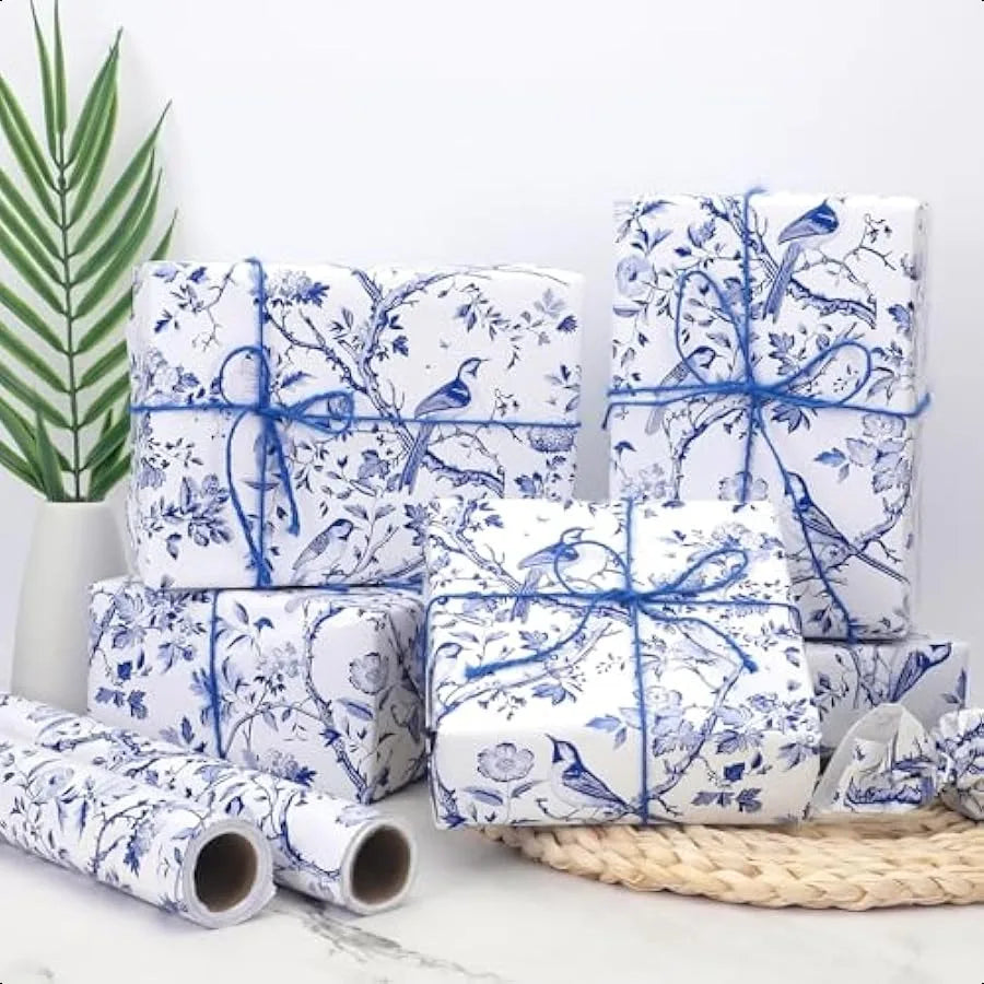 1 Roll Blue Floral Bird Wrapping Paper Mini Roll 17in x 32.8Ft Blue White Flowers Bird Pattern Gift Wrap Paper