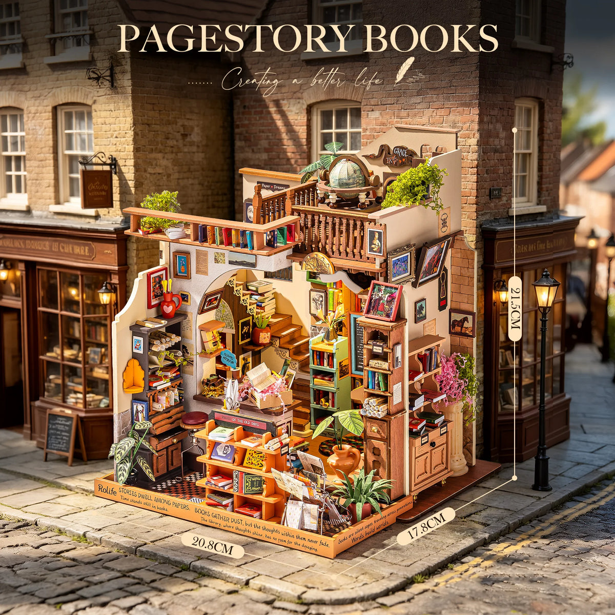 Rolife Wooden Dollhouse 3D Puzzle Pagestory Bookstore DIY Miniature House Craft Kit Kit with LED Light for Bookshelf Decor Brain Teasers Jigsaw Toys Holiday Gift for Book Lovers