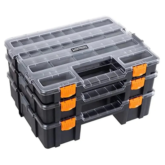 Portable 3-Tier Tool Box Organizer with 52 Customizable Compartments Hardware Craft Supplies or Beads Clear Lids Durable