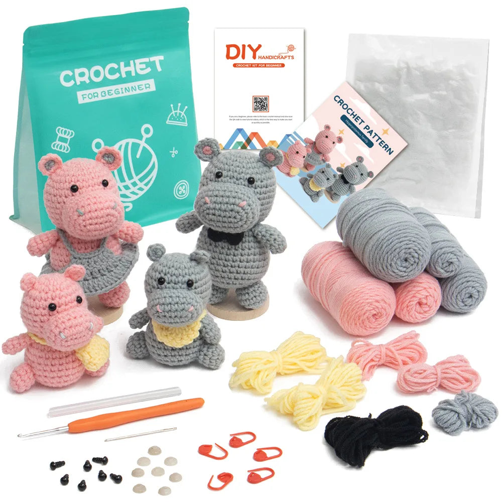 Hippo Family Crochet Kit with Tools Yarn for Christmas Holiday DIY Arts Craft Knitting Handmade Craft Kit