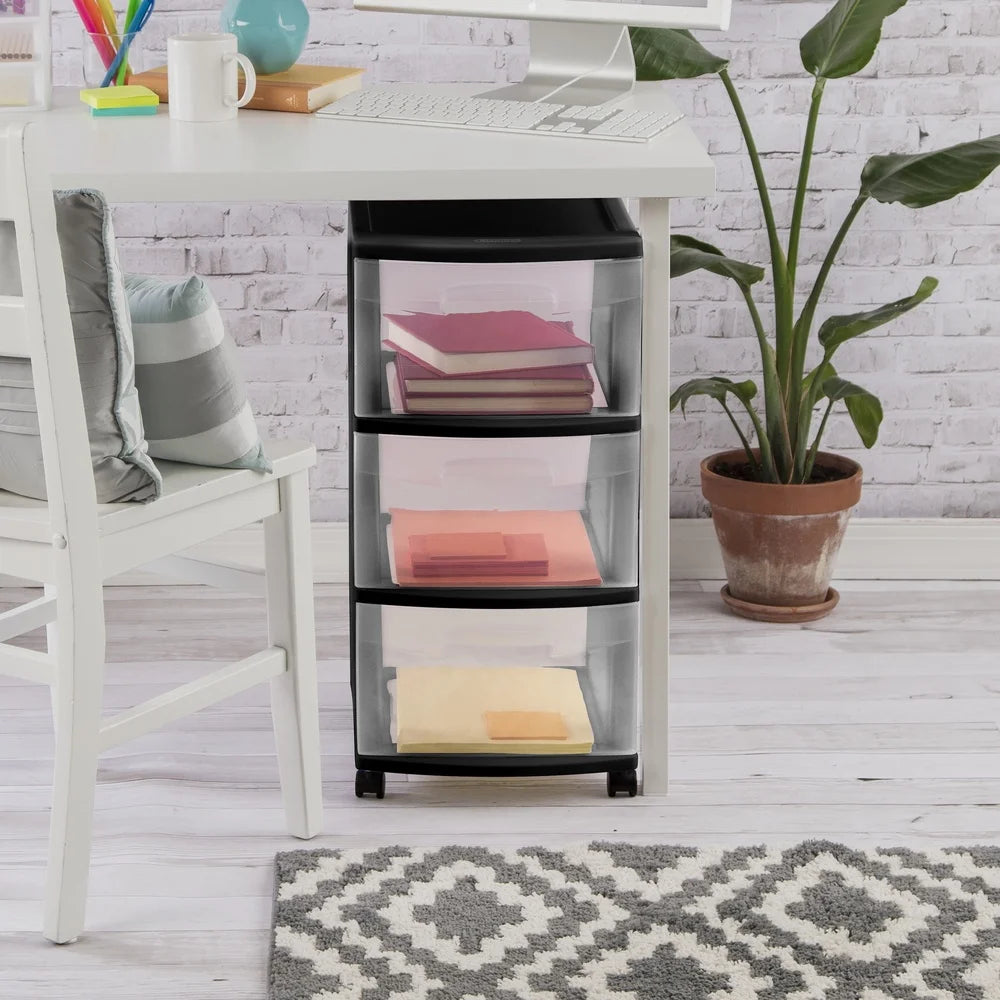 3 Drawer Plastic Storage Cart with Clear Drawers Rolling Organizer Craft Room Portable Storage Solution