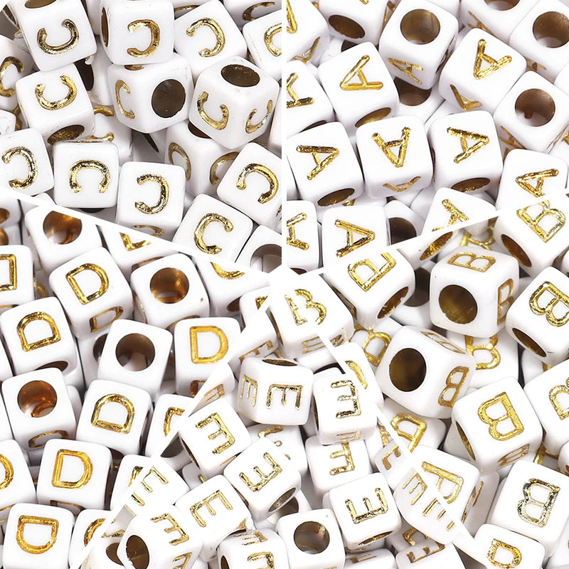 100Pcs/Lot 4.5mm 6mm Cube Acrylic Beads Alphabet Gold Letter Spacer Loose Beads 
For DIY Crafts Ornament Making