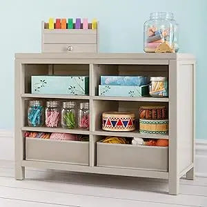 Crafting Kids- Creamy White: Wooden Shelving with Bins, 6 Compartment Art Supply Organizer for Playroom