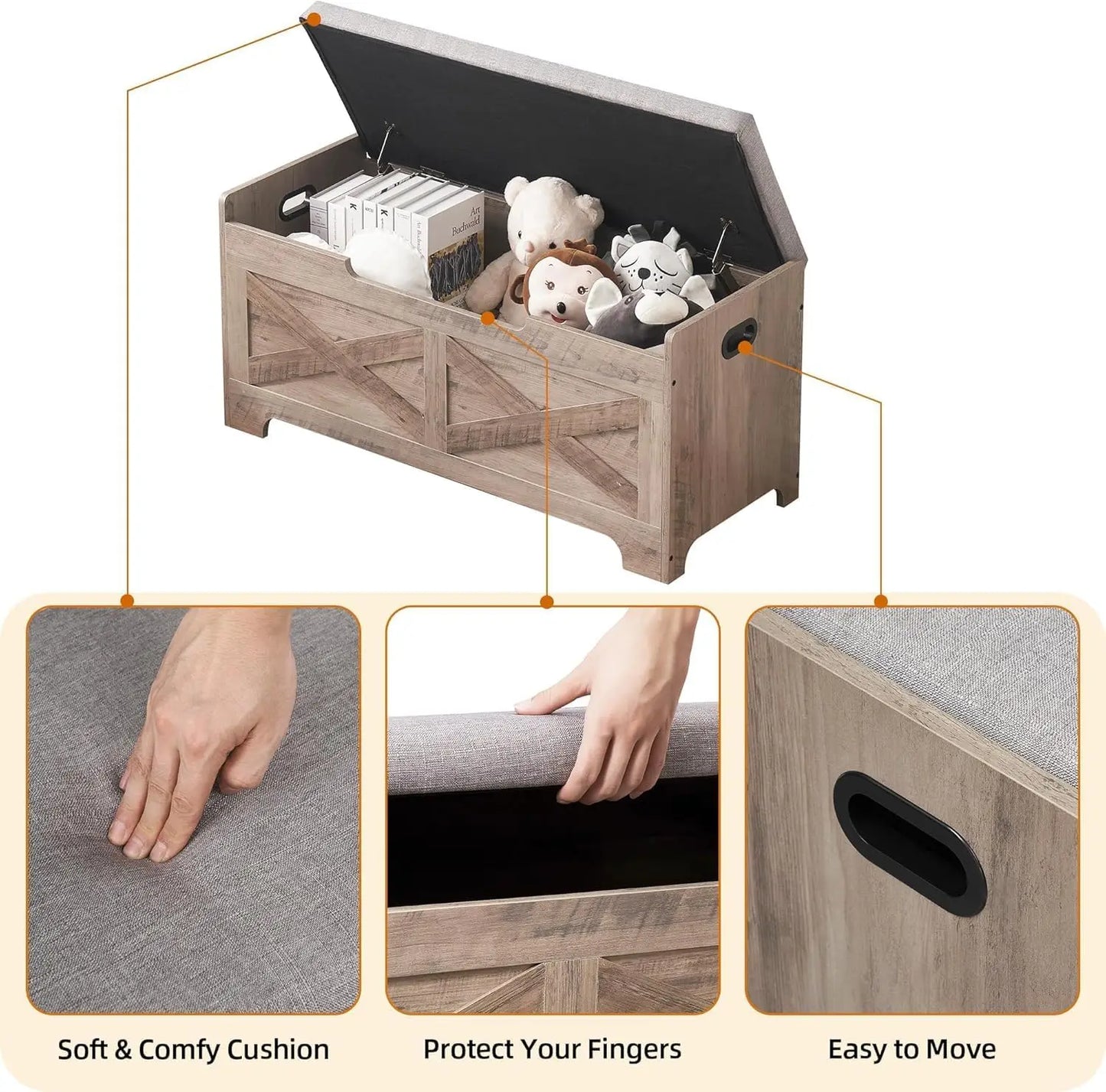 Storage Bench Storage Chest with 2 Safety Hinges Liftable top Shoe Bench Retro Wooden