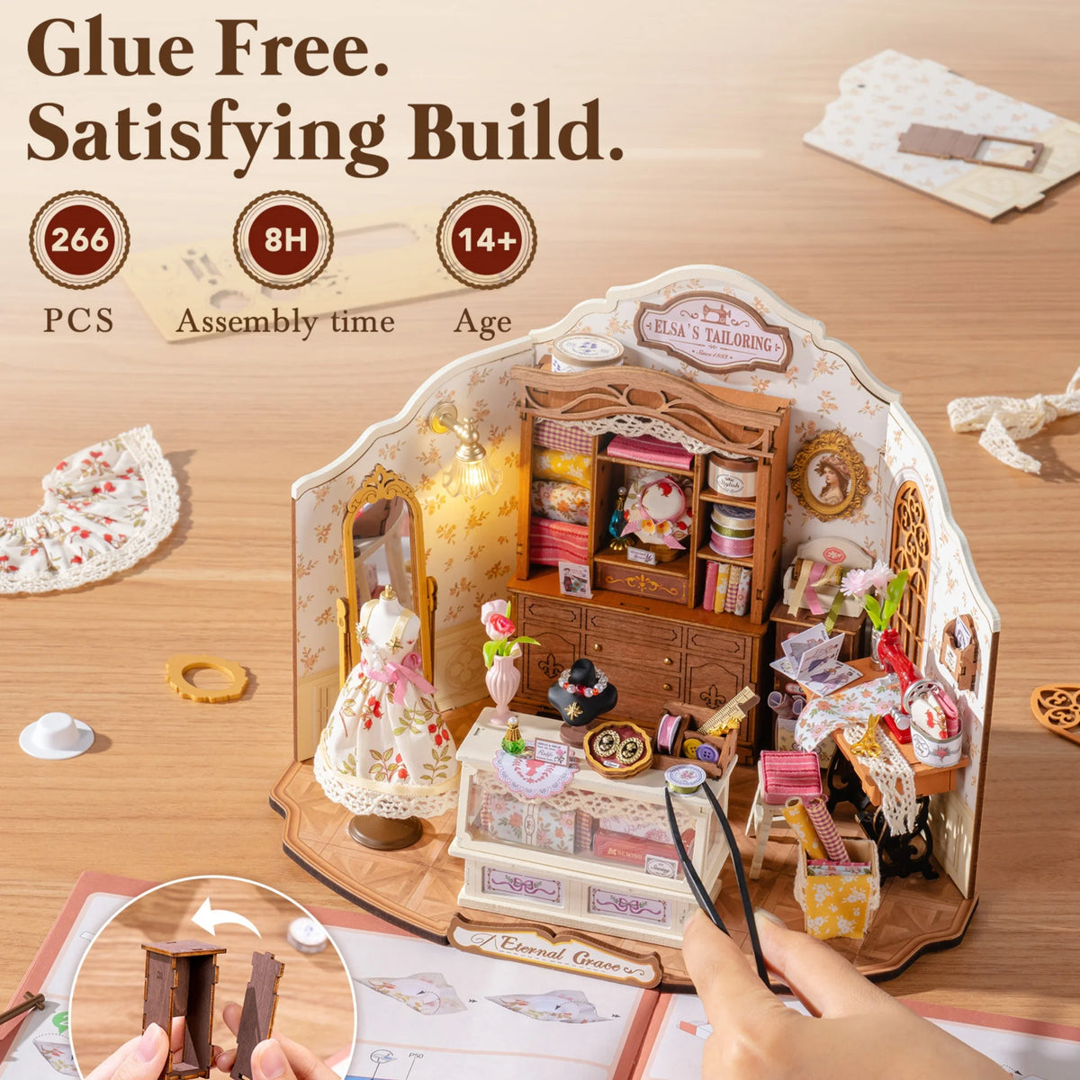 Rolife Wooden 3D Puzzle Elsa's Tailor DIY Mini Dollhouse Model Building Kit with LED Light for Home Decor Holiday Gift for Adults Teens