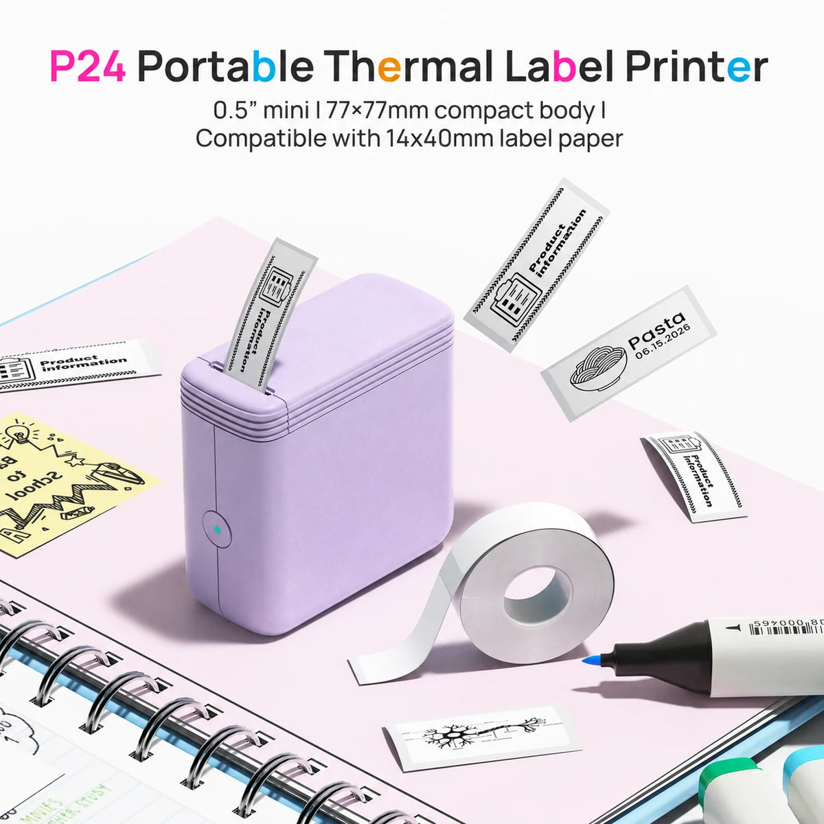P24 Label Maker with 1 Roll of Label Paper, Portable Wireless Label Printer for Storage, Office, Home, Storage, Sticker Maker Mini Label Maker with Multiple Templates