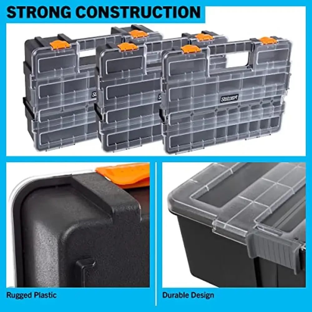 Portable 3-Tier Tool Box Organizer with 52 Customizable Compartments Hardware Craft Supplies or Beads Clear Lids Durable