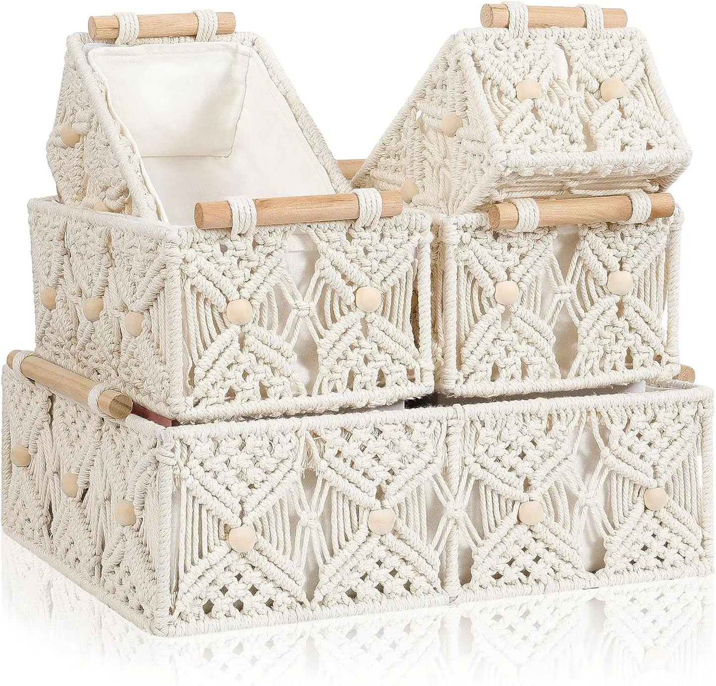 Boho Storage Baskets For Organizing 5 Pcs Macrame Decorative Hand Woven Storage Bins With Natural Wooden Handles Beads Box