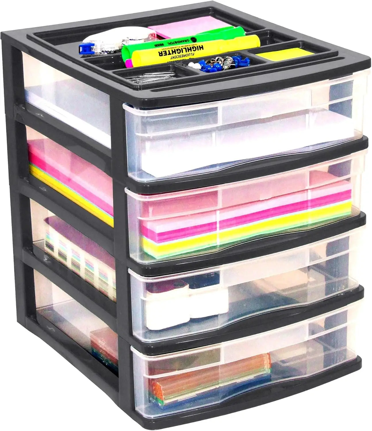 4 Drawer Desktop & Countertop Organizer W/Organization Lid For Craft Storage, Office Supplies & School Supplies, Black/Clear (4