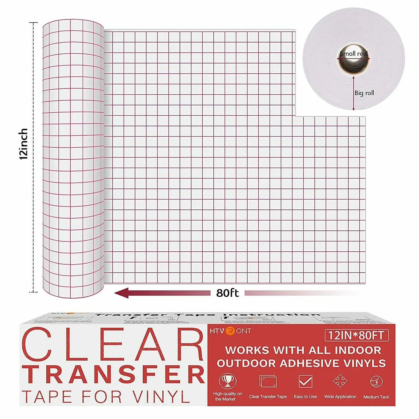 HTVRONT Clear Vinyl Transfer Paper Tape Roll-12 x 50 FT w/Alignment Grid Application