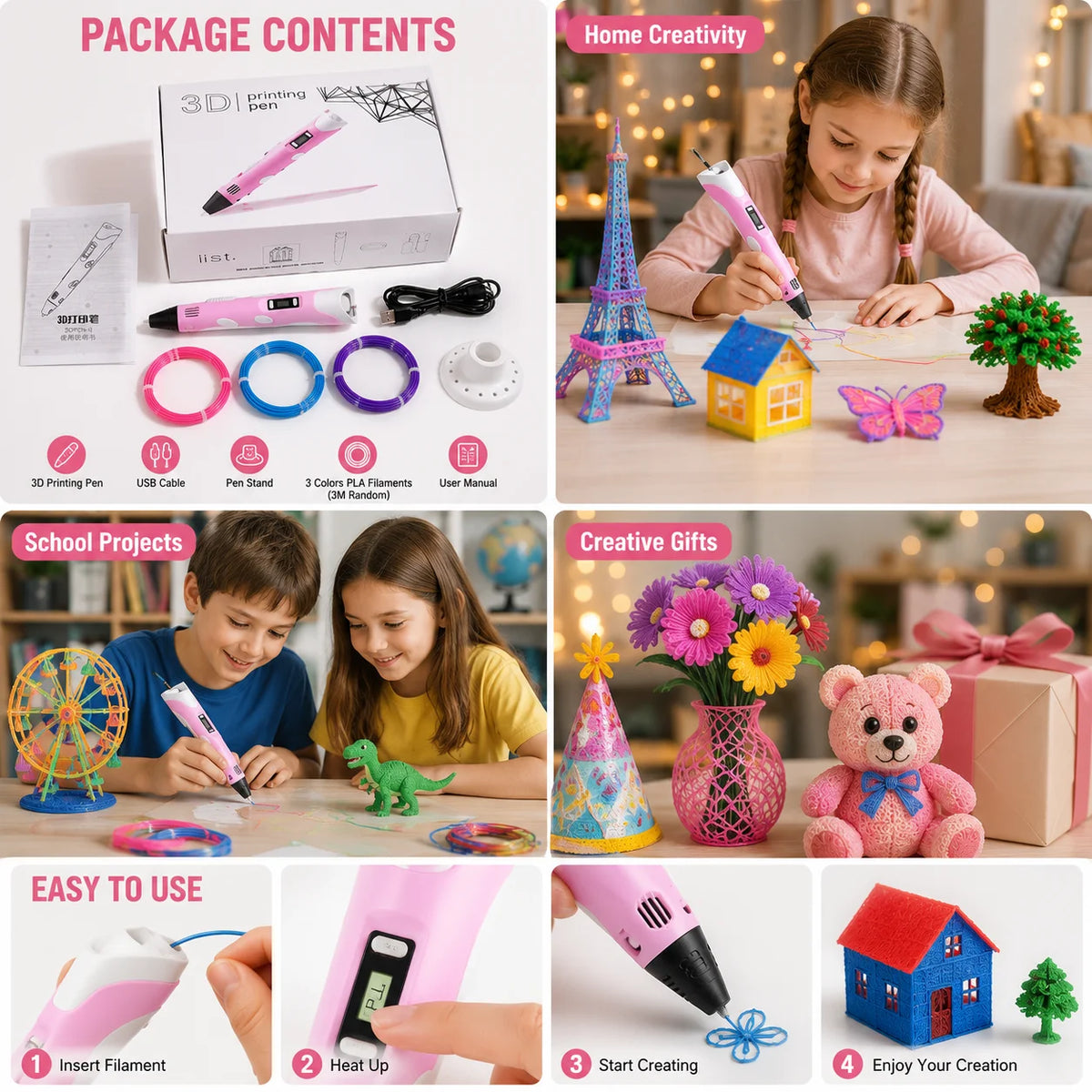 3D Printer Pen Kits LED Screen PLA Filament 3D Drawing Tool Kids Art Craft Set 3D Doodler Pen with Refill Material Creative Educational Toy for Boys Girls DIY Projects Birthday Gift School Home Craft Supplies Easy Use Starter
