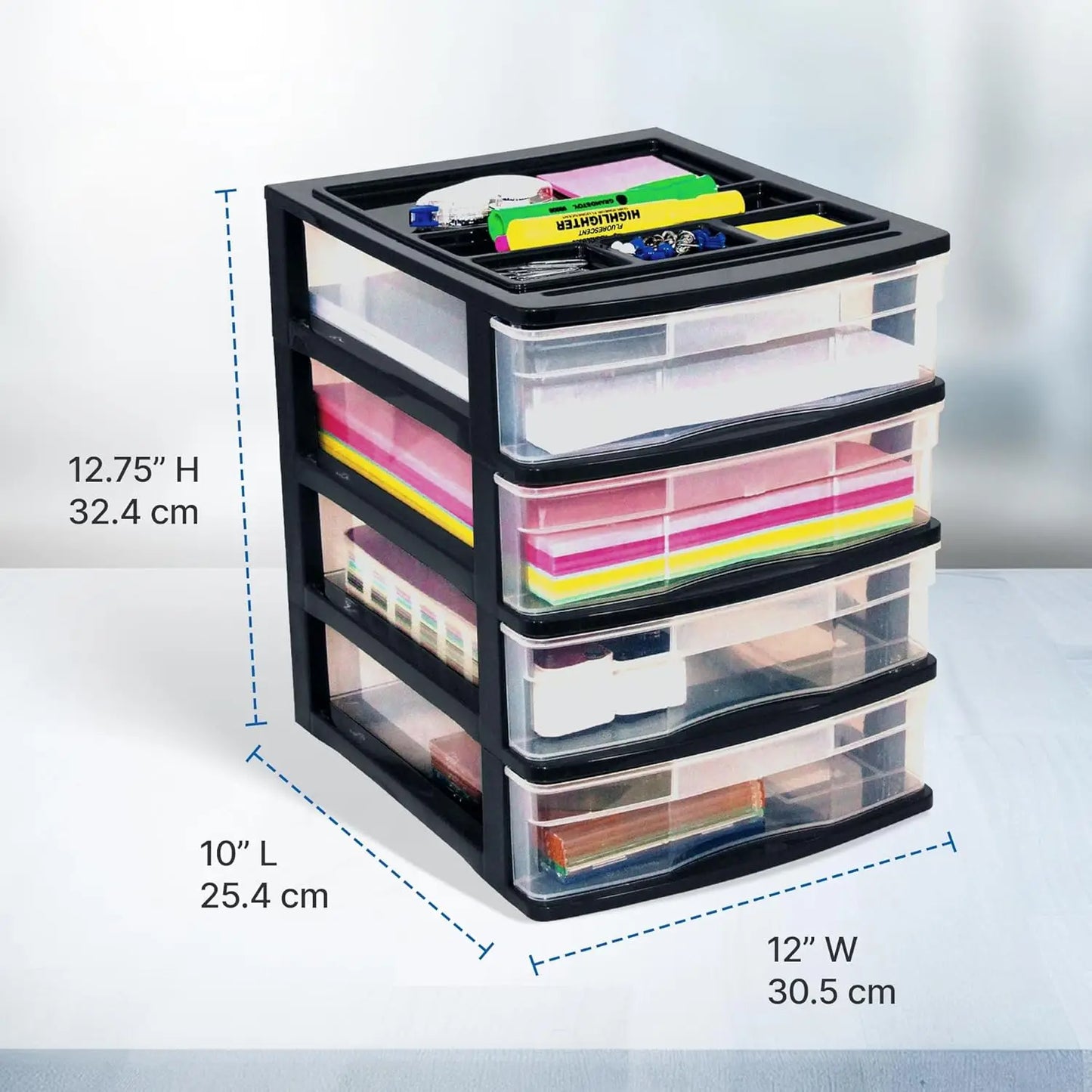 4 Drawer Desktop & Countertop Organizer W/Organization Lid For Craft Storage, Office Supplies & School Supplies, Black/Clear (4