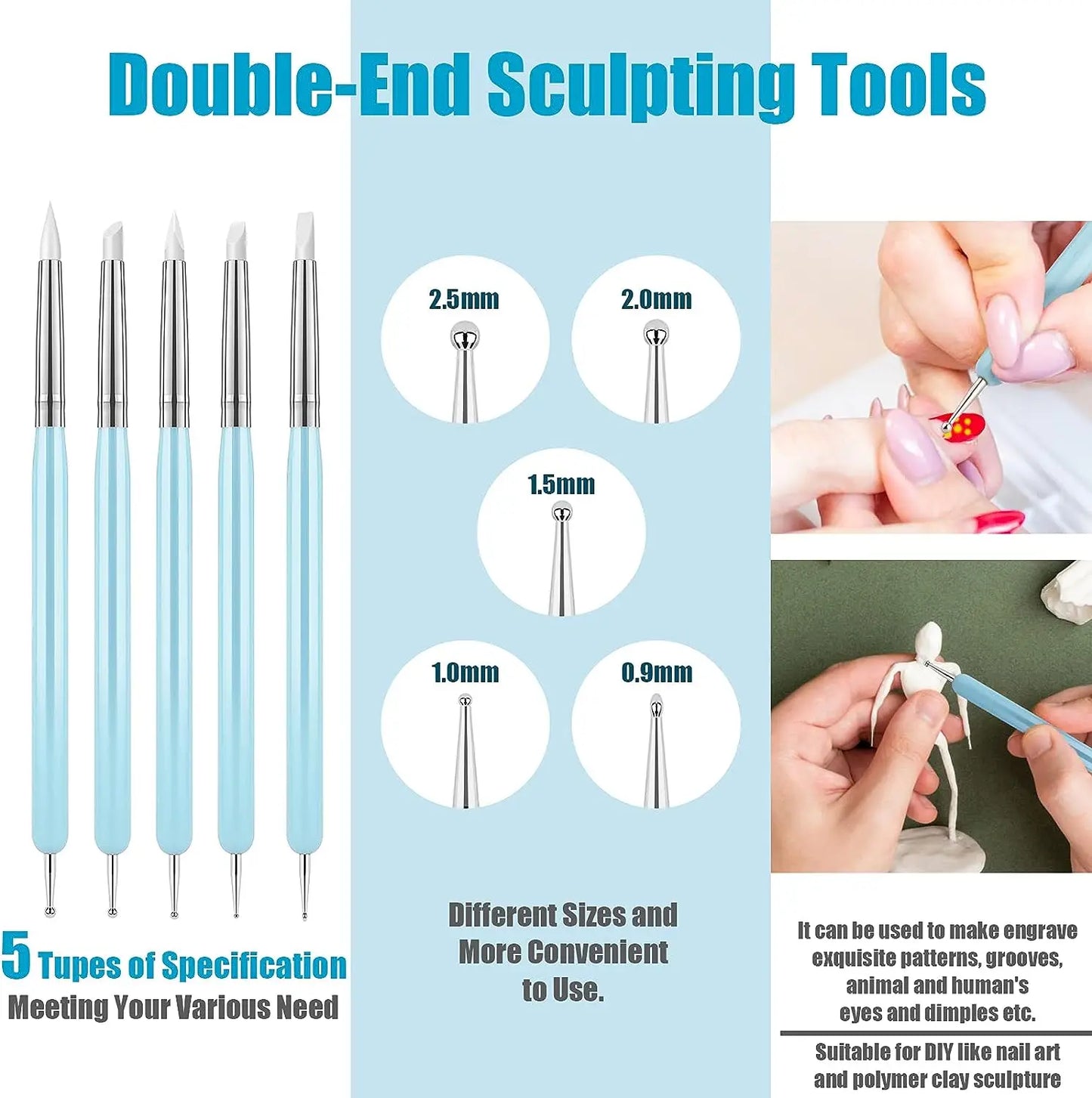 5Pcs Silicone Clay Sculpting Tool for Brush Modeling Dotting Nail Art Pottery Clay Tool DIY Carving Sculpting Tools Soft Head
