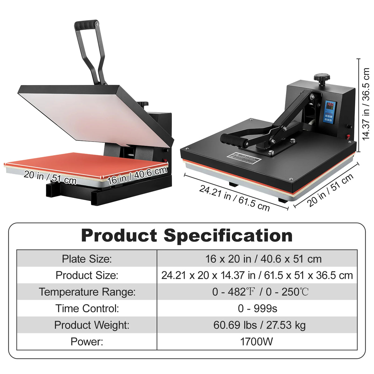 SucceBuy Heat Press Machine 15" x 15" /16" x 20" /16" x 24" Sublimation Printer Manual Clamshell Transfer on DIY T-shirt Pillow
