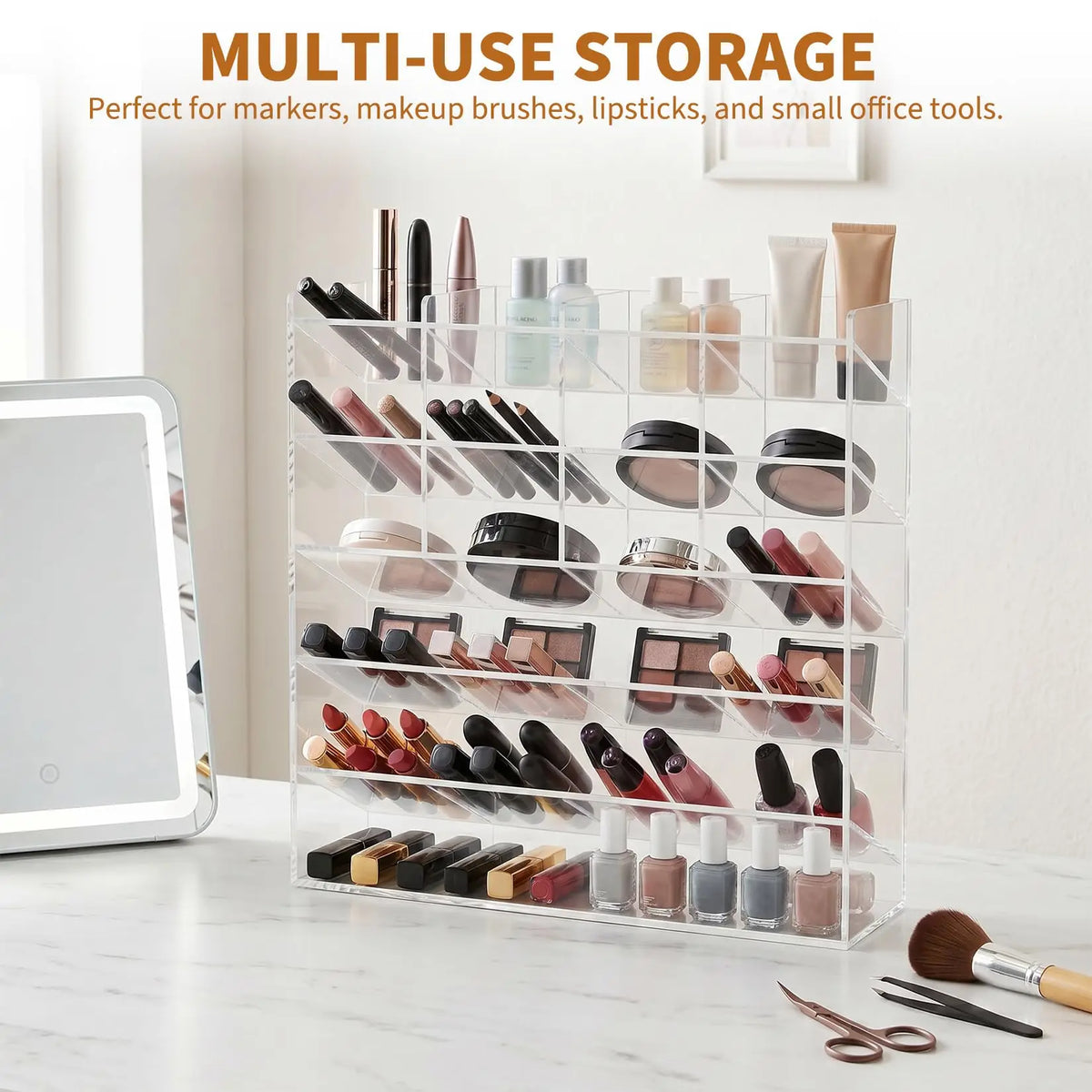 Acrylic Pen Holder Multi Compartment Marker Organizer Clear Desk Marker Display Storage Rack 1Pc For Office Art Supplies Makeup Lipsticks