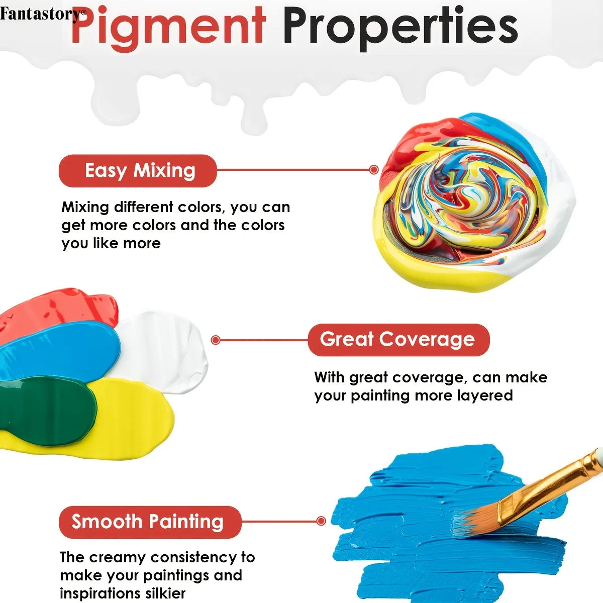 Fantastory 60ml Acrylic Paint Set, Professional Craft Paint With 12 Brushes, Glass/Stone/Wood Painting, Craft Supplies